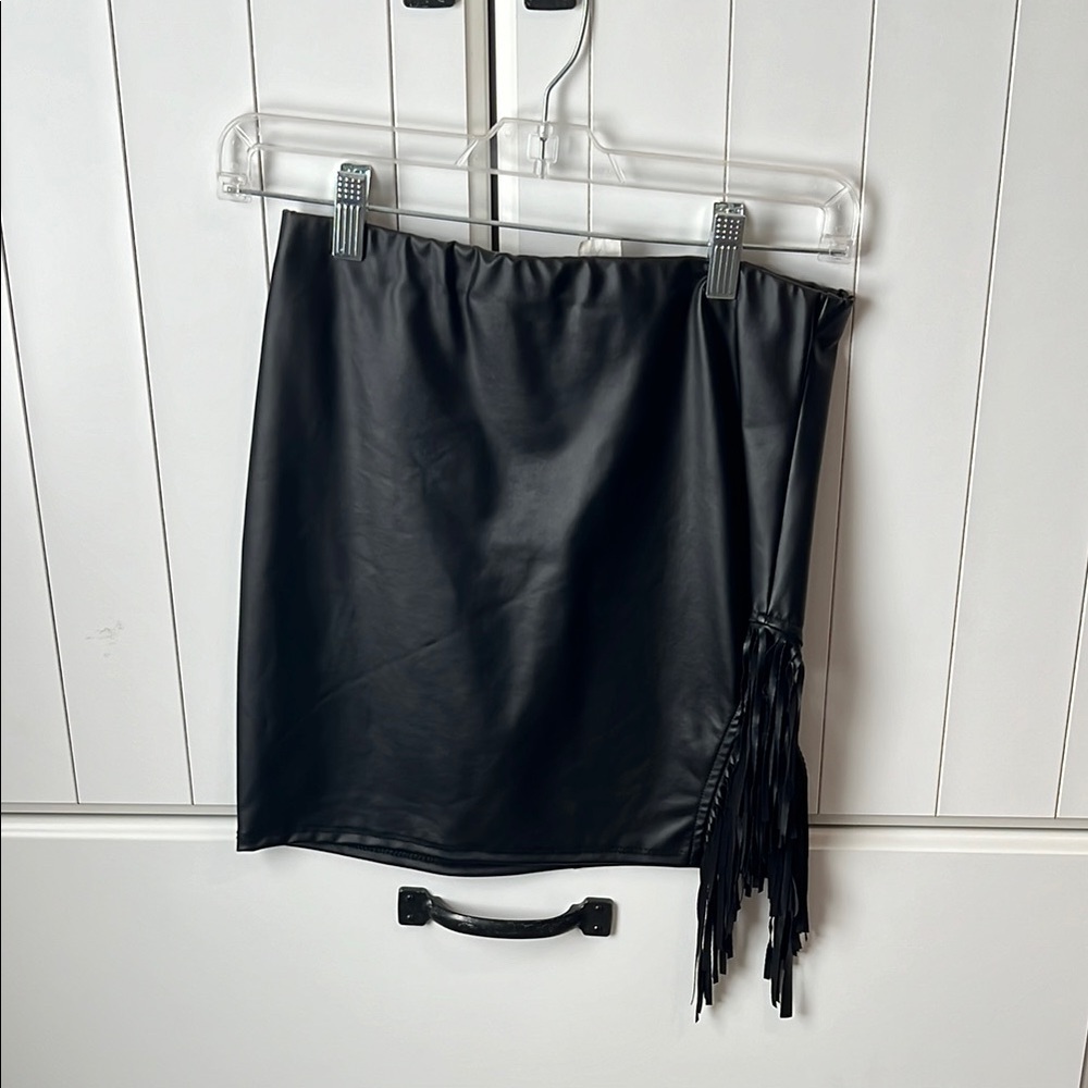 Black Faux Leather Skirt with Fringe